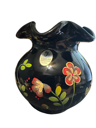 Fenton Signed Floral Black Vase