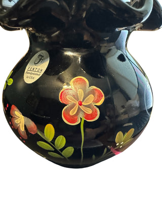 Fenton Signed Floral Black Vase