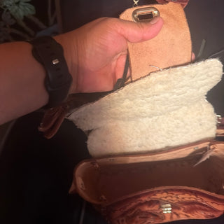 Tooled Leather Western Saddle Bag Purse w/Shoulder Strap, Fleece Lining Brown