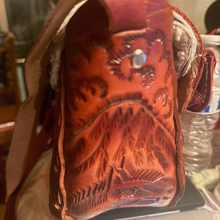 Tooled Leather Western Saddle Bag Purse w/Shoulder Strap, Fleece Lining Brown
