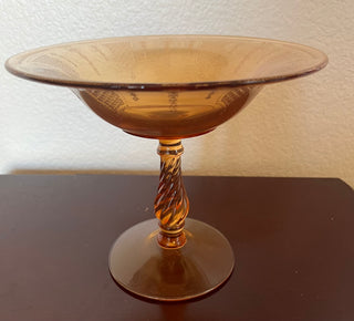 Amber Glass Footed Bowl with twisted stem vintage