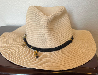 Straw Sun Hat, black ribbon band, with some charms