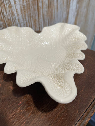9.5"x8.5" Heart Lace Doily Sgnd Pottery Dish, '95--SP
