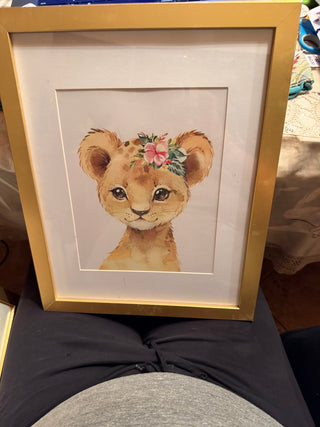 Gold Frame with lion leopard cub Nursery Wall Art Print Wild Animal Safari approx 12.5 X 15.5" # 62 VV MTS
