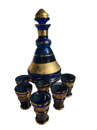 Blue w/Gold Trim Glass Liquor Set