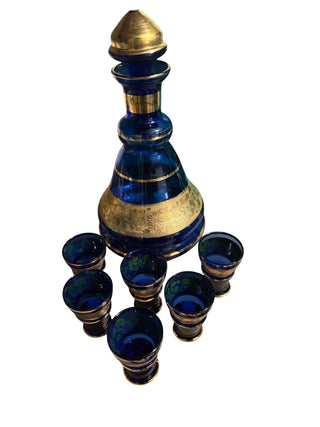 Blue w/Gold Trim Glass Liquor Set