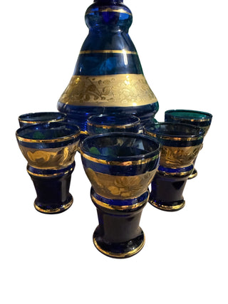 Blue w/Gold Trim Glass Liquor Set