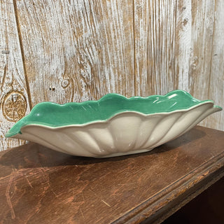 13" Vtg Pottery Oblong Bowl, Green/ Cream--SP