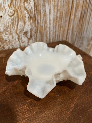 5.75" Fenton Milk Glass Ruffled Hobnail Candy Dish--KL