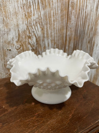 8" Fenton Ruffled Footed Bowl, White Milk Hob--KL