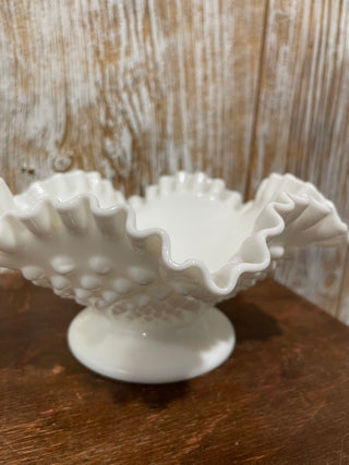 8" Fenton Ruffled Footed Bowl, White Milk Hob--KL