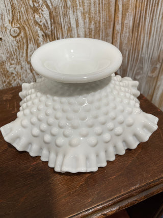 8" Fenton Ruffled Footed Bowl, White Milk Hob--KL