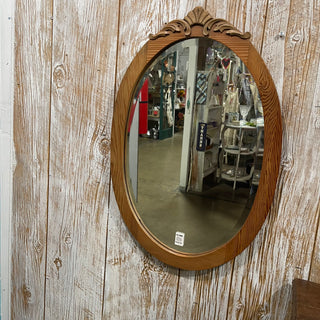 28"x19" Vtg Oval Wood Mirror w/ Top Detail--SP