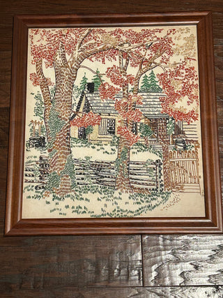 Vintage Framed Crewel Cabin Scene