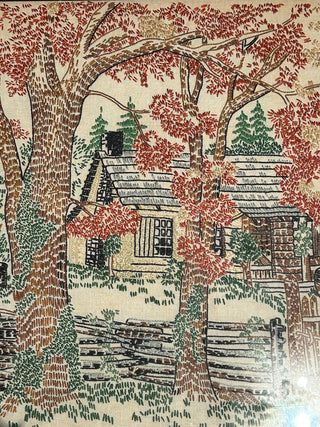 Vintage Framed Crewel Cabin Scene