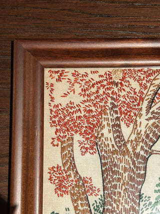 Vintage Framed Crewel Cabin Scene
