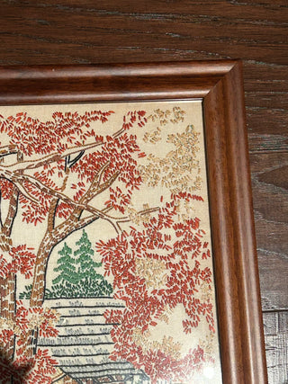 Vintage Framed Crewel Cabin Scene