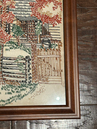 Vintage Framed Crewel Cabin Scene
