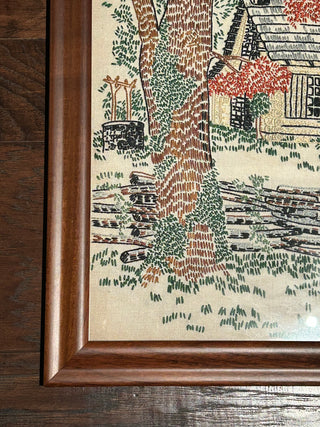 Vintage Framed Crewel Cabin Scene