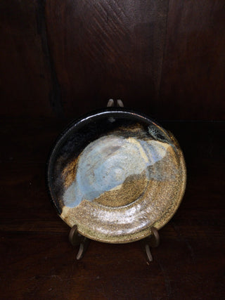 Signed small stoneware dish hand made multi colors