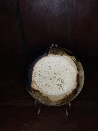 Signed small stoneware dish hand made multi colors