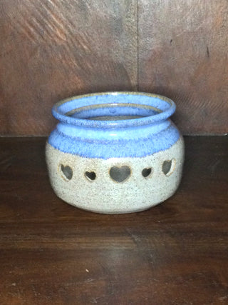 Vtg blue and cream w/hearts stoneware candle holder
