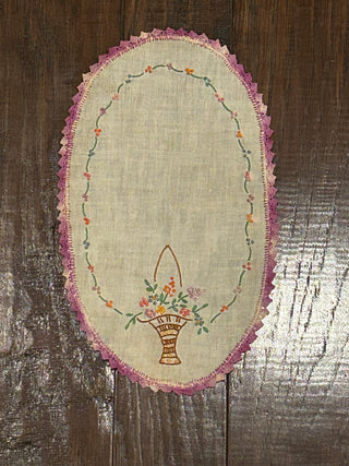 Vintage Oval Linen Doilies, Set of 3,  Hand Embroidered Baskets, Purple Trim