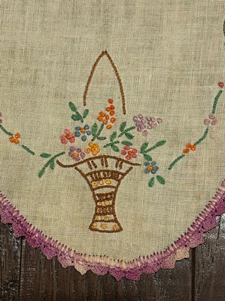 Vintage Oval Linen Doilies, Set of 3,  Hand Embroidered Baskets, Purple Trim