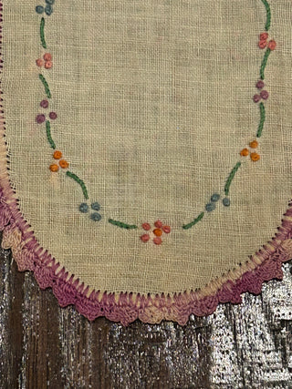 Vintage Oval Linen Doilies, Set of 3,  Hand Embroidered Baskets, Purple Trim