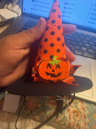 Pet Witch Hat orange and black polka dots & pumpkin
