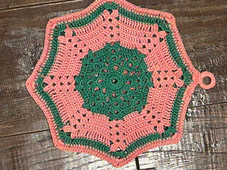 Vantage Crochet  Potholder, Pink and Green