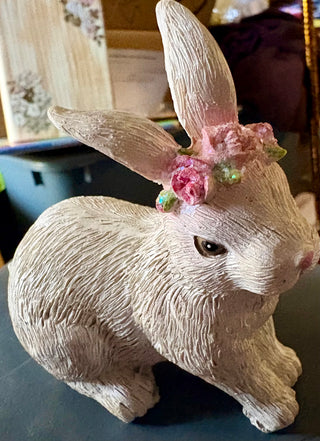 Spring Bunny Twosome. Sold as a set. Ceramic Bunnies with floral crowns and hoppy facial expressions