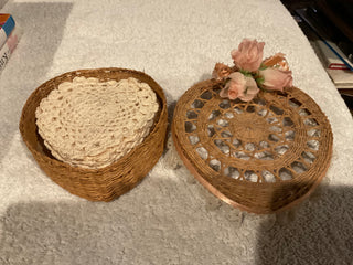 Vintage Sweet Grass Basket w/Crochet Coasters