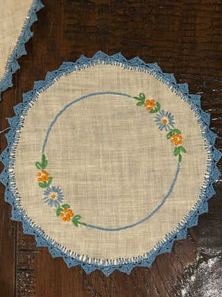 Vintage Doilies, Set of 5, Cream with Blue Floral Designs