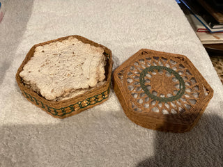 Vintage Sweet Grass Basket w/Crochet Coasters
