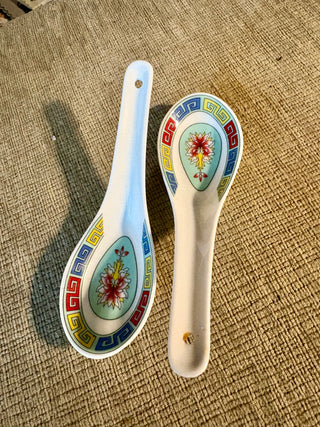 Chinese Soup/Rice Spoon SET OF TWO Ceramic Flower and Pattern