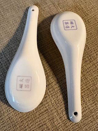 Chinese Soup/Rice Spoon SET OF TWO Ceramic Flower and Pattern