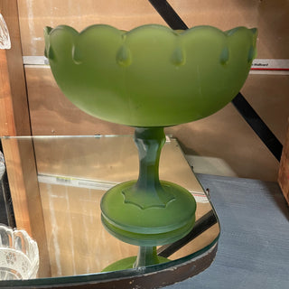 7.5" Indiana Glass Teardrop Green Satin Compote--KL