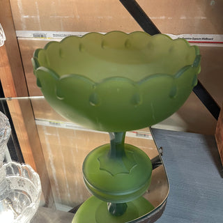 7.5" Indiana Glass Teardrop Green Satin Compote--KL