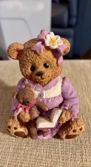 Vintage Ceramic Bear Bank, in purple dress, holding bear & book