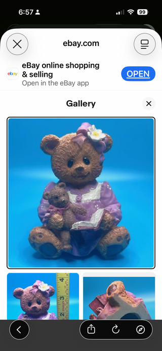 Vintage Ceramic Bear Bank, in purple dress, holding bear & book