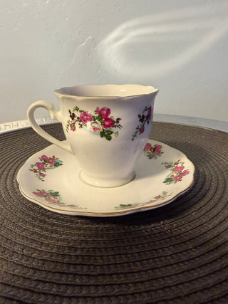 Vintage Teacup/Saucer Blue Crane Pink Rose