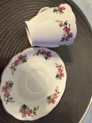 Vintage Teacup/Saucer Blue Crane Pink Rose