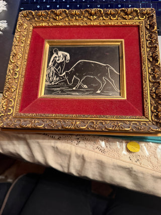 Gold Frame 8.5" X 7.5" Black and White Bull Fighter VV