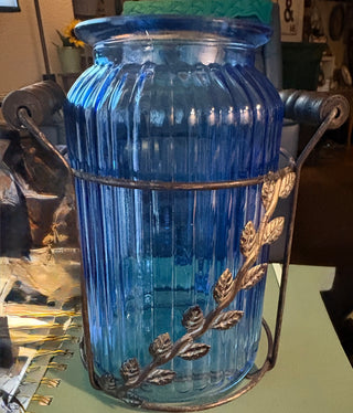 Blue glass (Cobalt?) multi-use container in stand A+