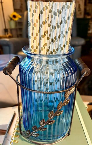 Blue glass (Cobalt?) multi-use container in stand A+
