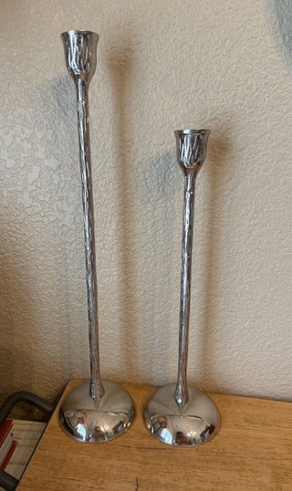 2 Silver Tree Bark Textured Candlestick Holder  (possibly Michael Arams)