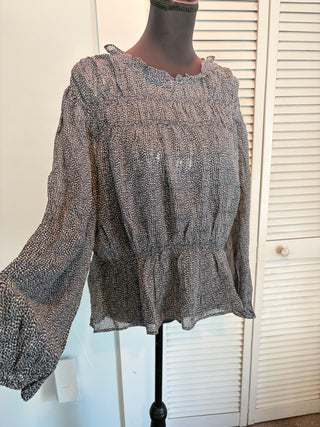 VELVET by Graham & Spencer Gray Smocked Waist Sheer Sleeve Blouse ~ NWT
