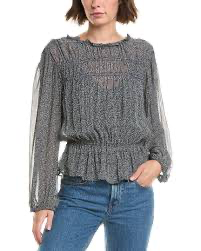 VELVET by Graham & Spencer Gray Smocked Waist Sheer Sleeve Blouse ~ NWT