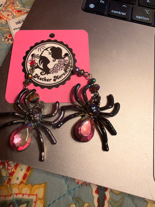 Multicolored Iridescent Spider Earrings teardrop crystals